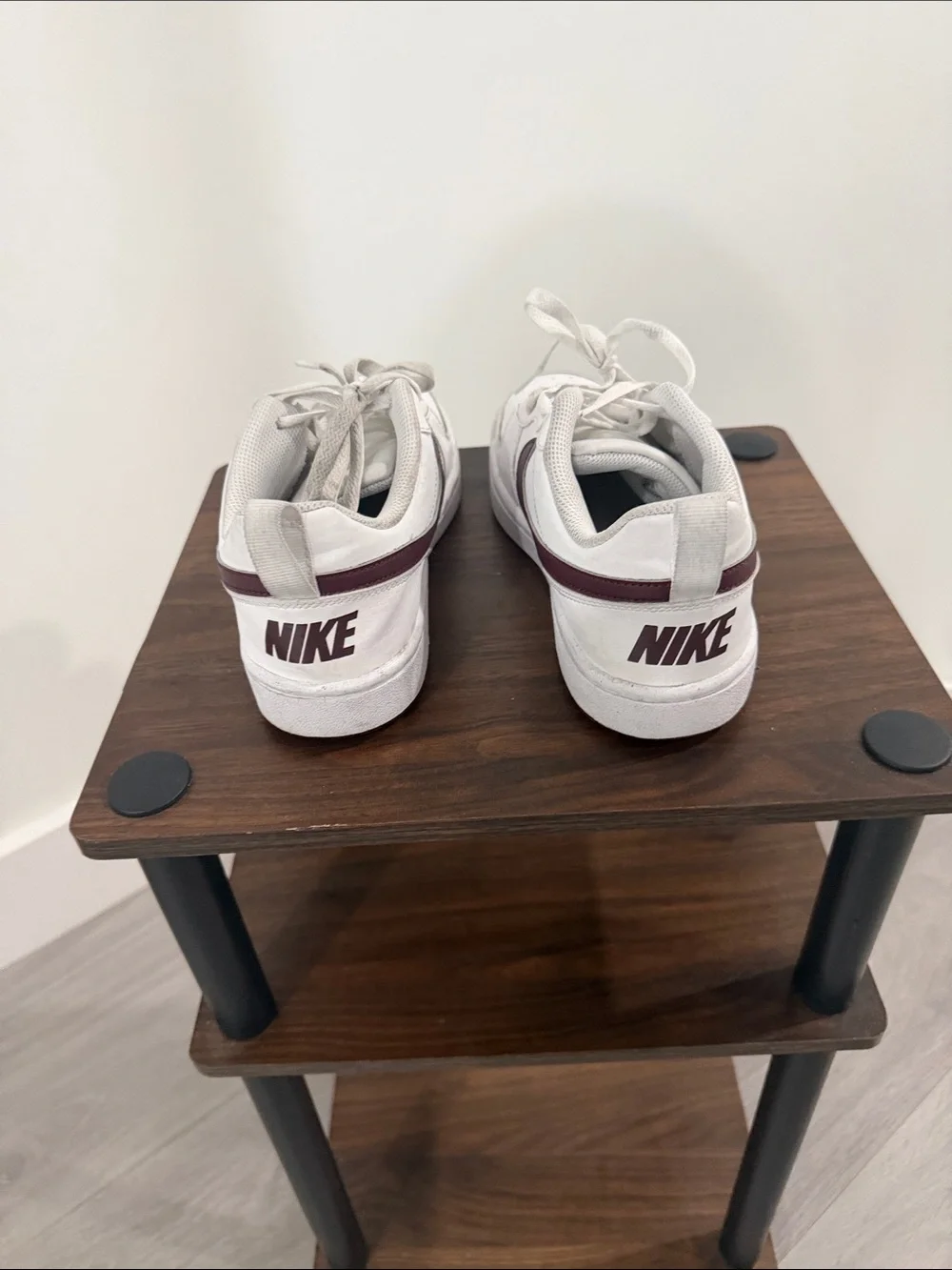 Nike Kids White Sneakers with Maroon Swoosh